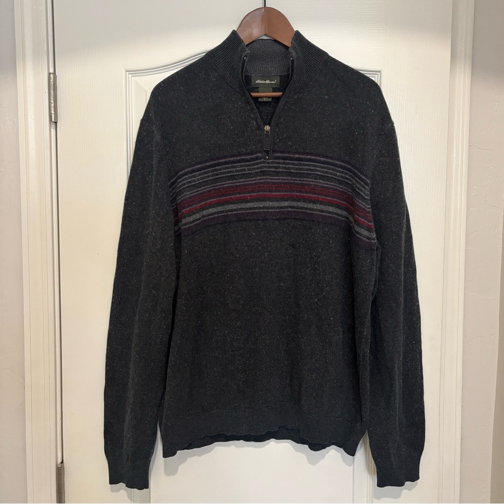 Eddie Bauer Men's Dark Gray Zip-Up Sweater with Stripes